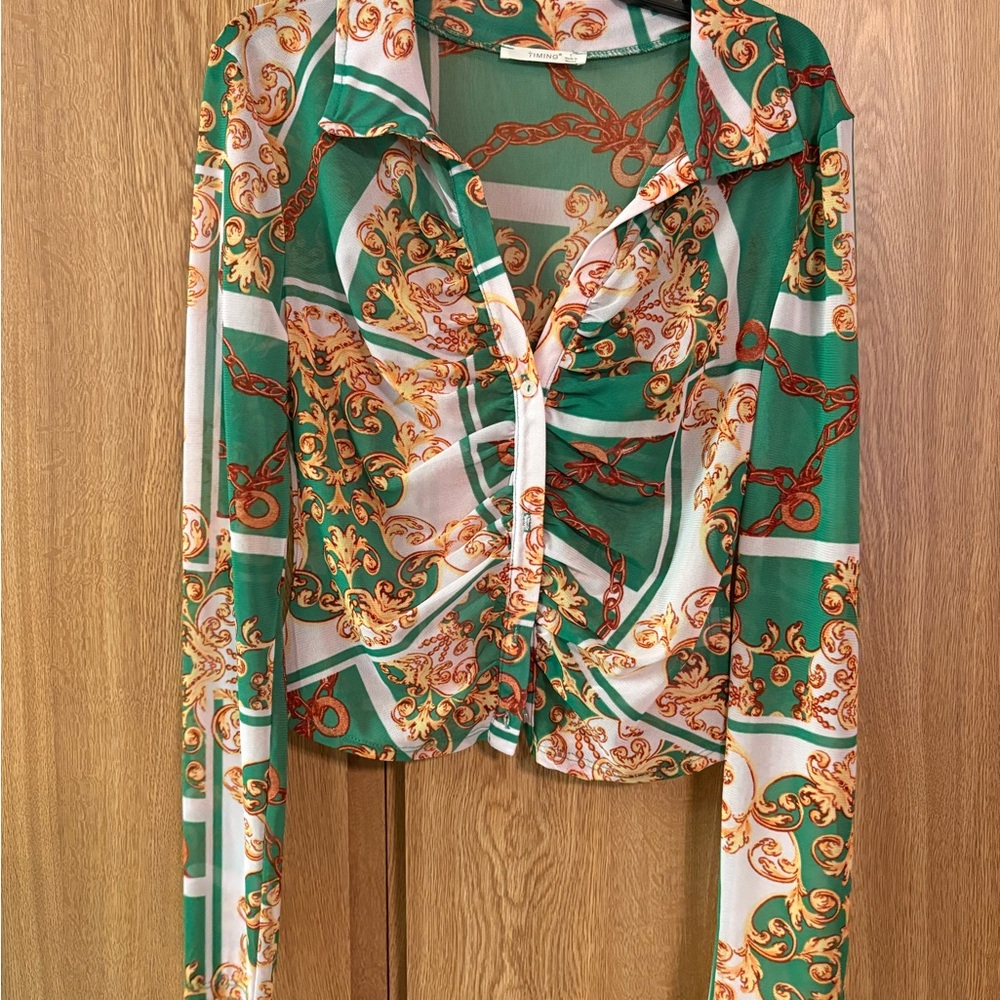 Elegant Green and White Women's Sheer Top